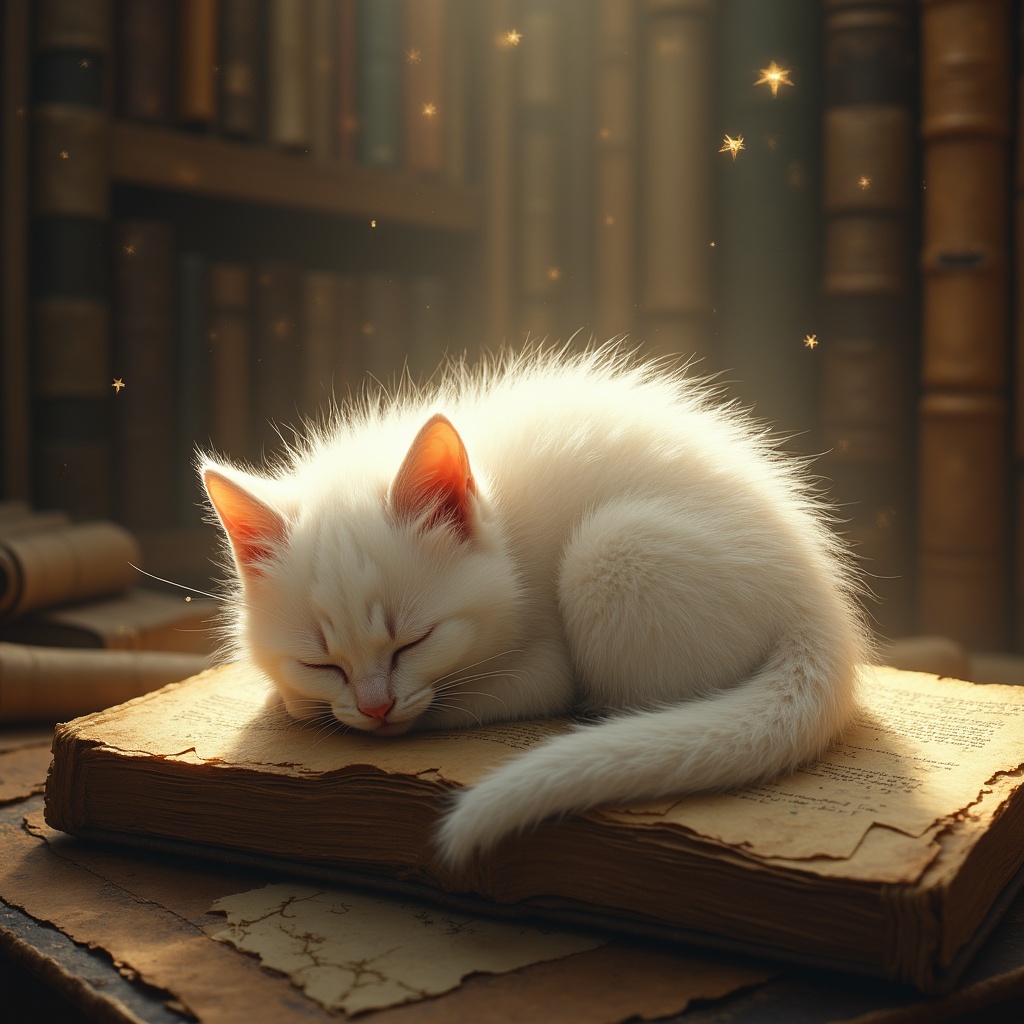 Imagen24_'s tweet image. Kitten with fur of script, asleep on a tome.-Comment For full Prompt
#AIImage #ImagePrompt #FantasyArt #AI