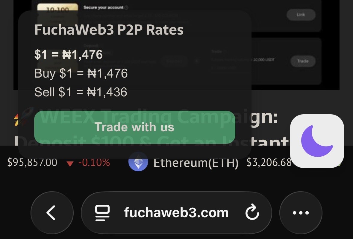 fuchaweb3's tweet image. We have made another big update to the @Fuchaweb3_Blog P2P Pricing widget.

You can now trade your $USDT for Naira with us in a simple and secure method.

Just visit fuchaweb3.com and click the button that says “Trade with us”.