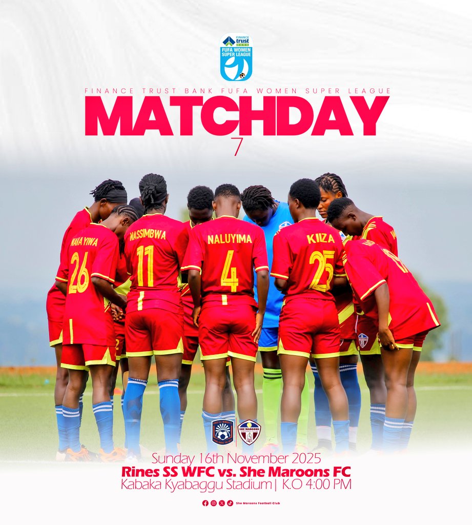 𝗠𝗔𝗧𝗖𝗛𝘿𝘼𝙔 

🆚 <a href="/WfcRines/">Rines S.S WFC</a>
⏰ 4 PM
🏆 <a href="/FUFAWSL/">Finance Trust Bank FUFA Women Super League</a>
🏟️ Kabaka Kyabaggu Stadium

#Jailers 
#WeAreMaroons 💪