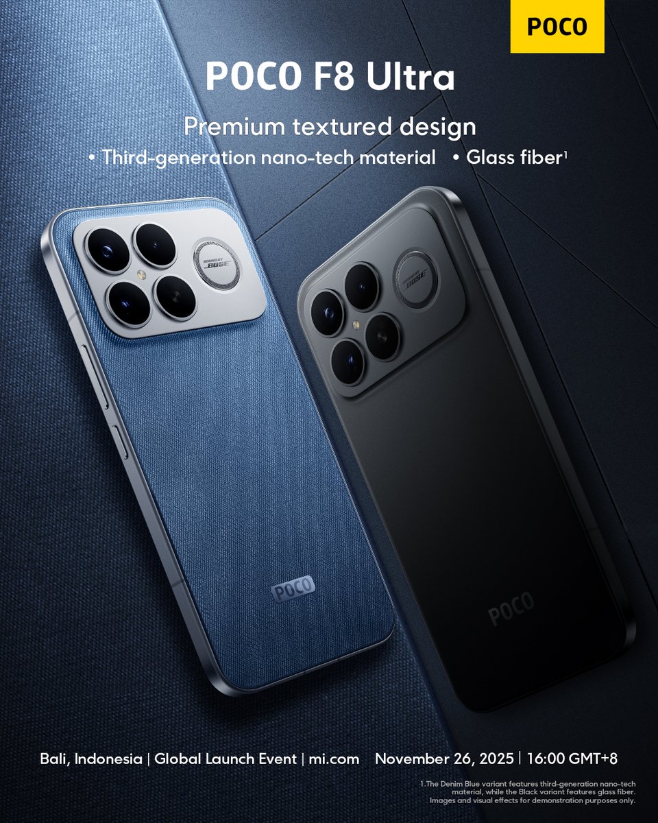 POCOGlobal's tweet image. The POCO F8 Ultra comes in two premium textures: Denim Blue brings a brand-new flagship texture with 3rd generation nano-tech material and fiberglass fusion, while Black with glass fiber offers a matte texture with a glossy finish.
Black or Denim Blue — both set a new standard in…