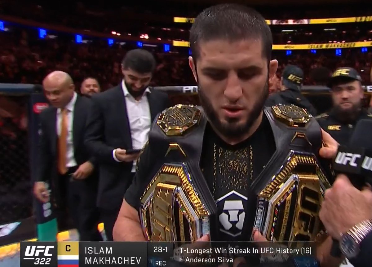 16 in a row and double champ, longest win streak in ufc history, most title defenses in lw history, most title fight wins in lw history

ISLAM MAKACHEV IS TOP 3 ALL TIME