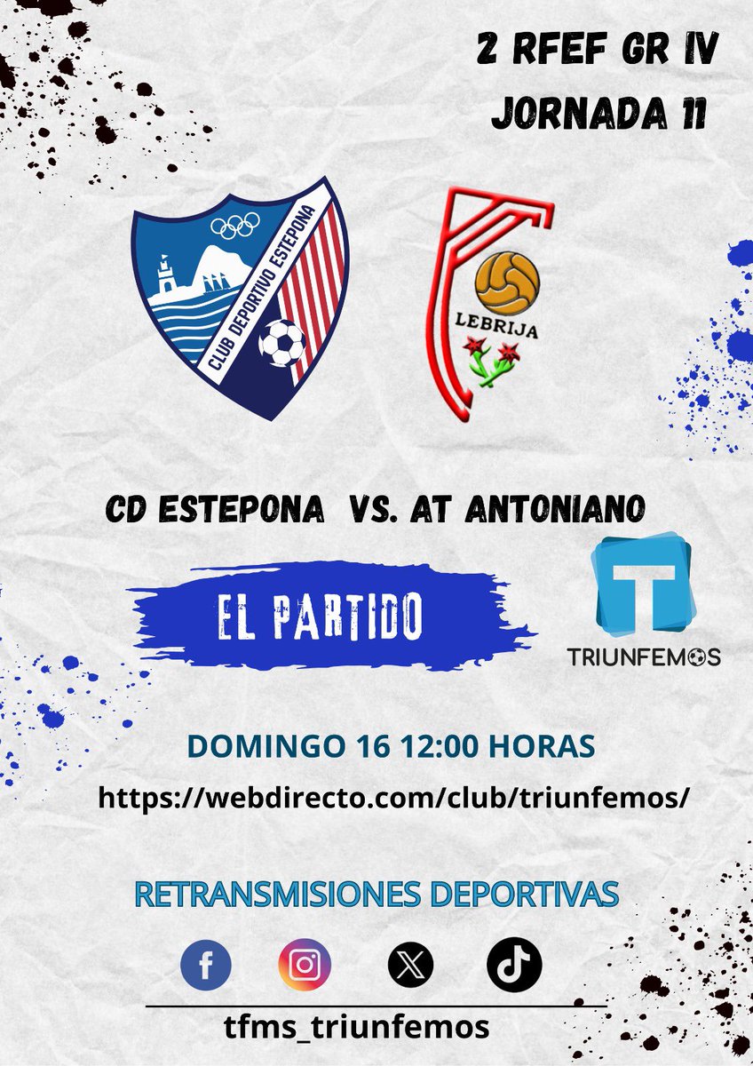 TRIUNFEMOS1's tweet image. JORNADA MATINAL TRIUNFEMOS 

Abrimos boca con dos partidazos del Grupo IV de 2 Federación 
Desde las 12 en DIRECTO y en EXCLUSIVA 👇👇👇👇👇

webdirecto.com/club/triunfemo…

#DeportivaMineraÁguilas
#EsteponaAntoniano
#2RFEF