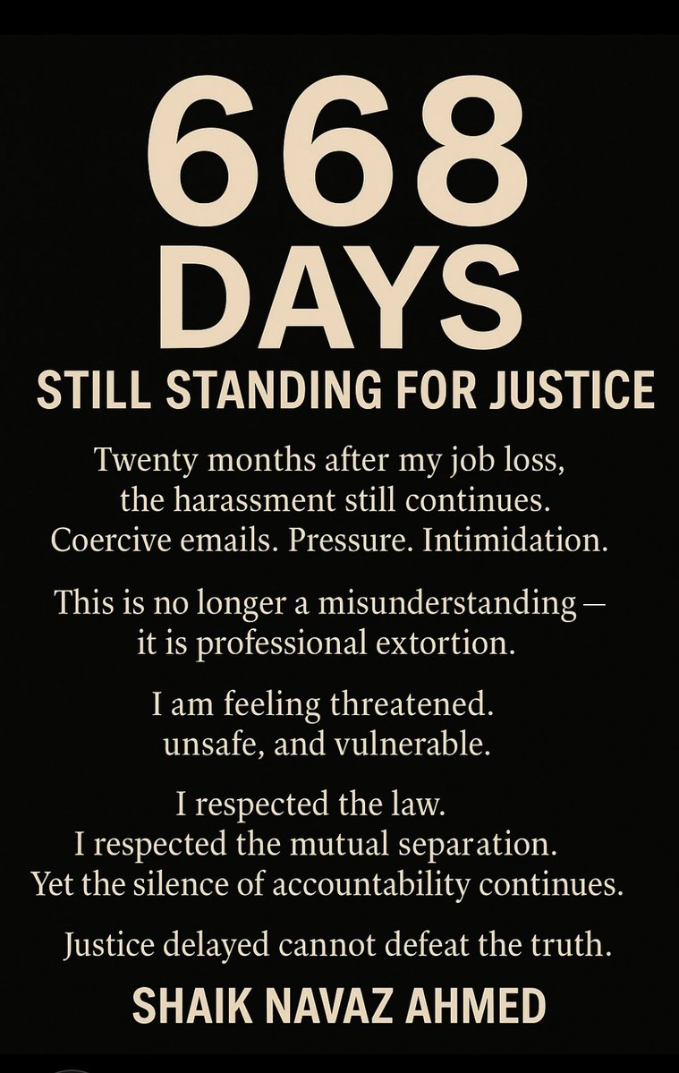 navazshaik89's tweet image. Day 668 — Still Standing for Justice.

Twenty months after my job loss, Broadcom’s harassment continues through coercive emails, pressure, and intimidation.
This is no misunderstanding — it is professional extortion.

I feel threatened, unsafe, and vulnerable.

#JusticeForNavaz…