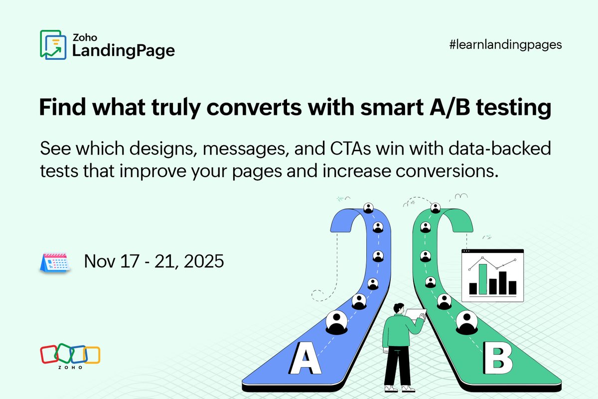 ZohoLP's tweet image. Find what truly converts with smart A/B testing

Discover which headlines, CTAs, and layouts perform better. This week in #LearnLandingPages, we’ll uncover how AB testing can skyrocket conversions and guide smarter marketing decisions.  

Stay tuned!

#Zoho #ABTesting #CRO