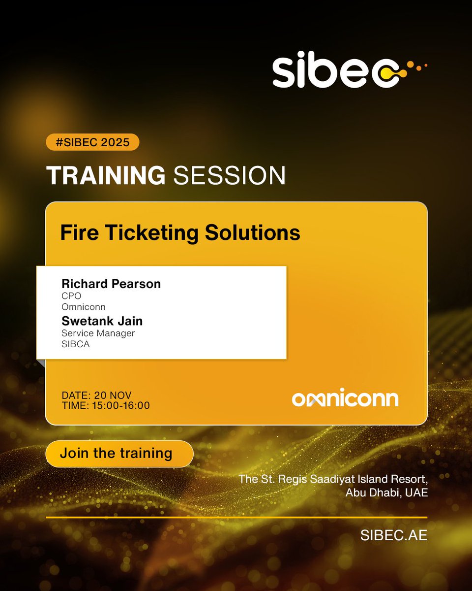 sibec_official's tweet photo. Omniconn at SIBEC 2025: Fire Ticketing Solutions. Join Richard and Swetank, Nov 20! Register now! #FutureofBuildings #GreenBuilding #SIBEC #AbuDhabiEvents https://t.co/JWr43ocAIH