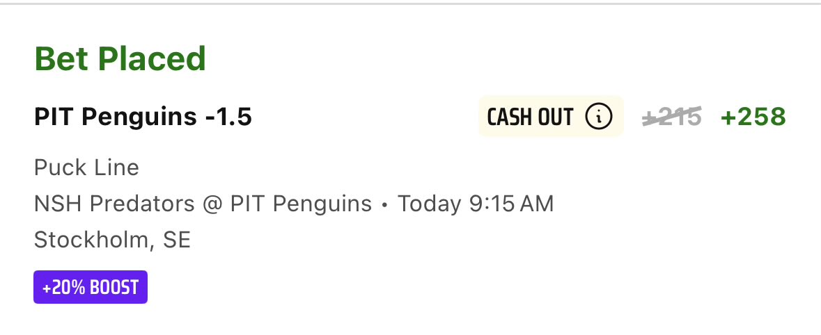 DataBasedBets's tweet image. DK 20% Morning NHL Boost 🌅🏒: Penguins -1.5 +258

EV: 8.2%
QK: 0.79u

Thanks to @ChasingUnits_ for this one 🫡