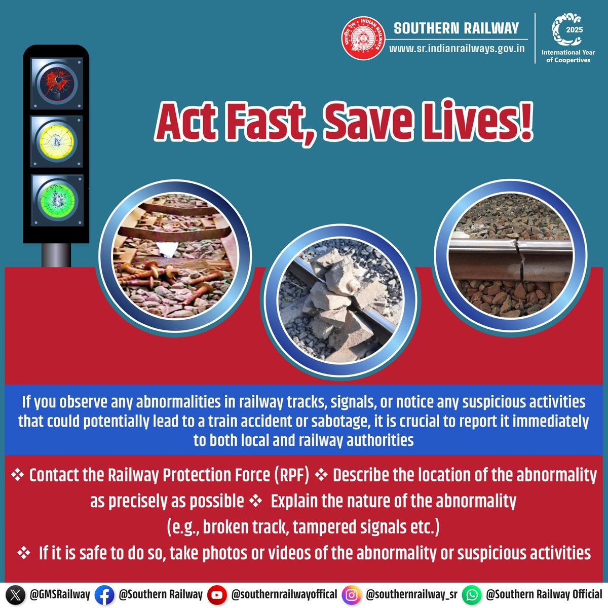 DrmChennai's tweet image. Be a guardian of the tracks!

If you spot anything out of the ordinary—like a broken rail, a tampered signal, or unusual objects on the line—it&apos;s crucial to report it immediately.

Your vigilance helps ensure a safe journey for everyone.

#southernrailway #safety #RPF