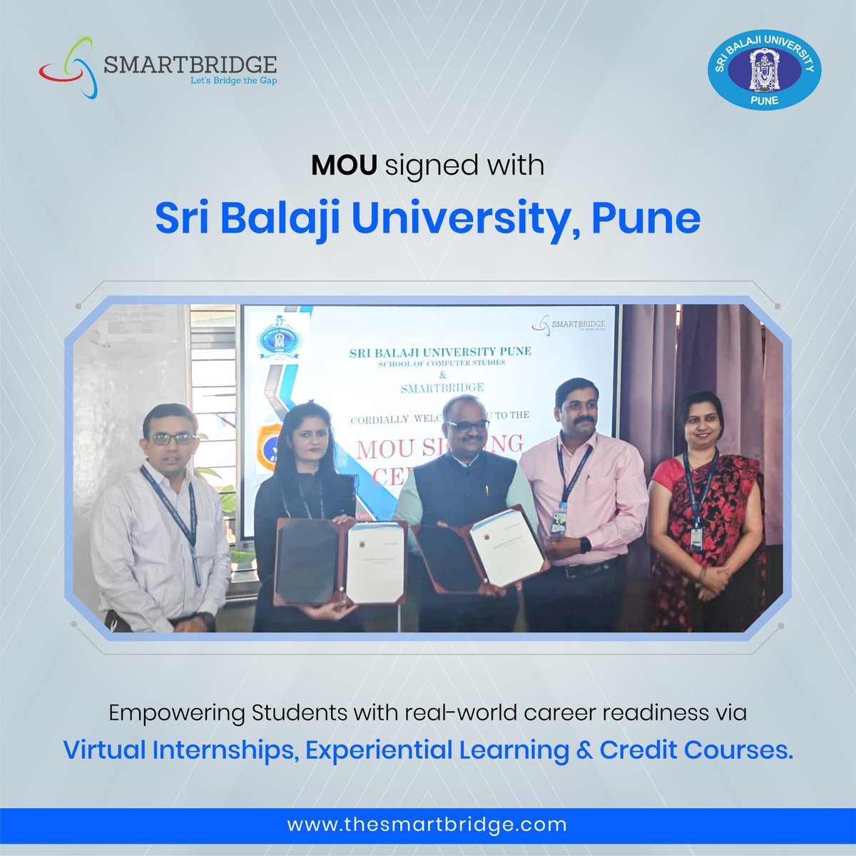 thesmartbridge's tweet image. #SmartBridge has signed an MoU with Sri Balaji University, Pune to empower learners with future-ready skills and real-world project experience.

This partnership strengthens our shared mission to prepare students for tomorrow’s tech-driven workforce. 

#DigitalSkills #Innovation