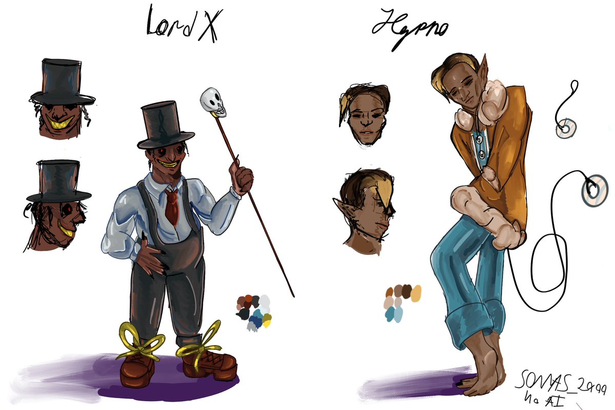 SOMAS_2000's tweet image. #triachel #hypnoslullaby #BrianGriffinPlush 

Just a concept for (not really) human designs for Lord X and Hypno 

(By lore, those are vessels made by X to resemble humans. It’s not them if they were humans)