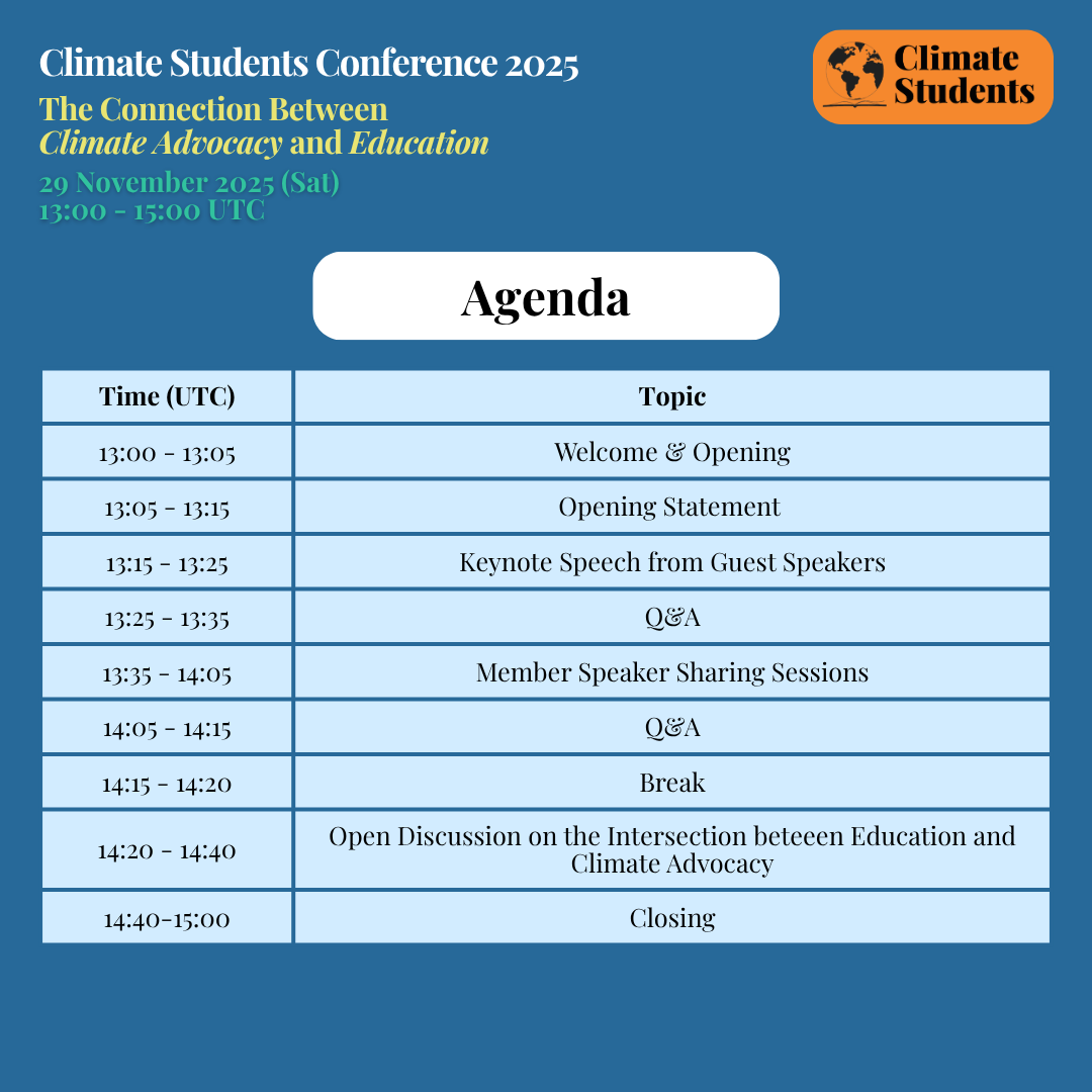 ClimateStudent1's tweet photo. 🌍✨The Climate Students Conference 2025 is here and we’re excited to bring back one of our flagship projects, the CSM Annual Conference!
🗓 29 November 2025 (Saturday)
⏰ 1:00 – 3:00 PM GMT+0
💻 Zoom (Online)

Register now: https://t.co/PPWj5eYDfW 
#climateadvocacy #education https://t.co/UeCCPCRpCT