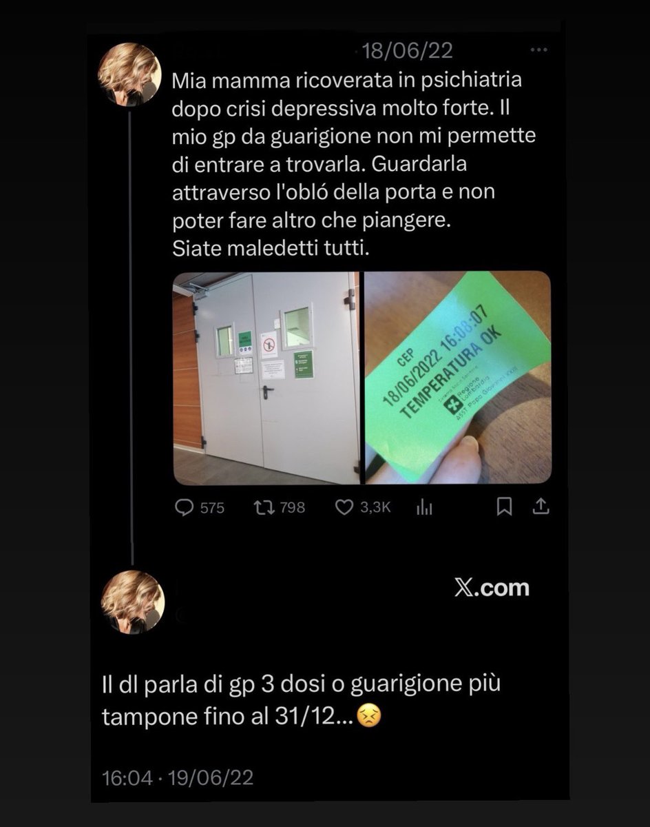 Se avevi il #greenpass con 3 dosi potevi andare in ospedale dai tuoi cari sofferenti. 
Se avevi il #greenpass da guarigione serviva anche il tampone, benché fosse ampiamente dimostrato che i vaccinati con tre dosi trasmettevano il virus come o più dei guariti.

Mai dimenticare.