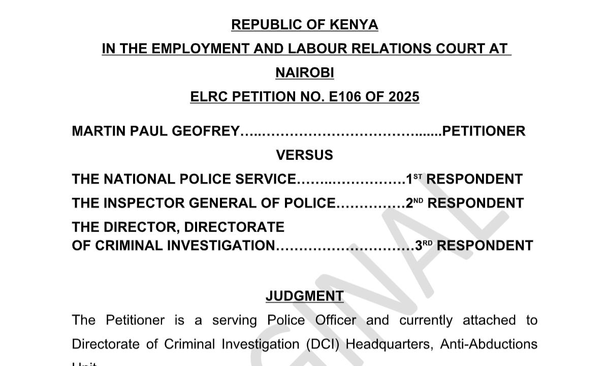 AssociatesRoba's tweet image. #HotOffTheBench🔴
🚨🚨Court Stops Police Transfer After Only 3 Months, Calling It Arbitrary and Abusive

The ELRC has delivered a stinging judgment in Martin Paul Geoffrey v National Police Service &amp;amp; Others (Petition E106 of 2025), stopping the transfer of a DCI officer who had…