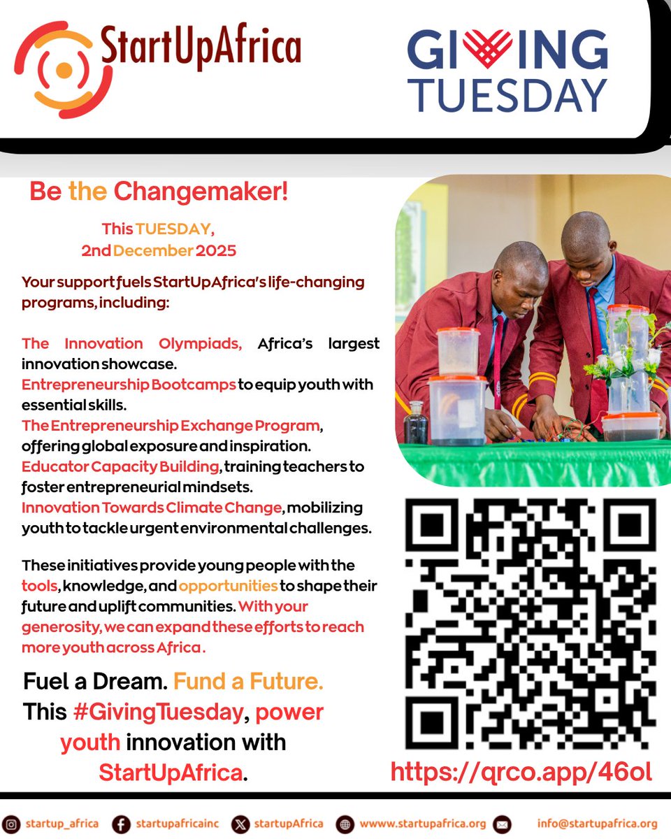 StartupAfrika's tweet image. This Giving Tuesday, Be the Changemaker!

Your support powers StartUpAfrica’s mission to equip young innovators with the skills, mentorship, and opportunities they need to transform their communities.