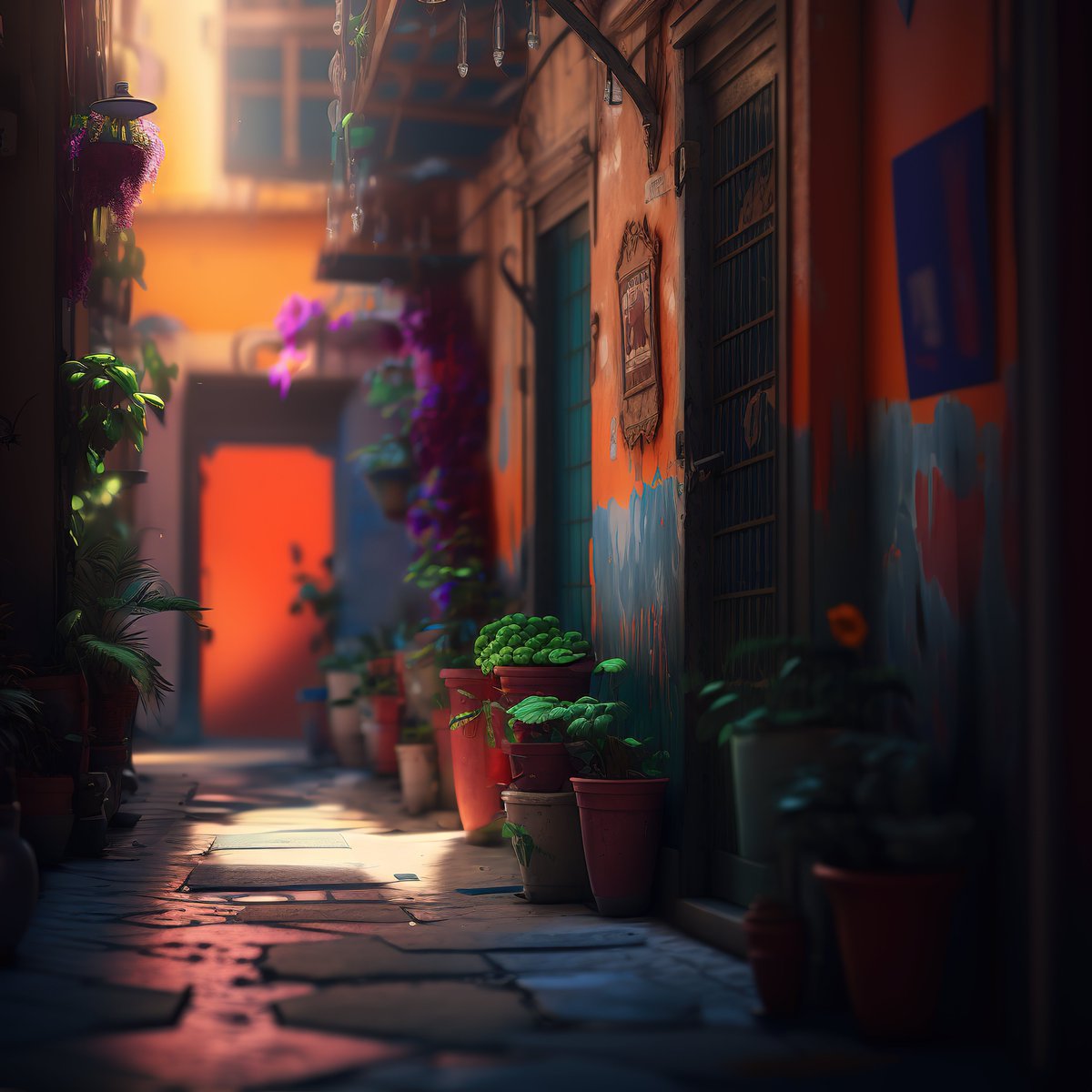 NoBanksNearby's tweet image. 3:56 PM - Warm oranges bleed into shadows, lush greens reaching for the fading light. This alley breathes calm, a pause between the day&apos;s hustle and the evening&apos;s approach. Find your moment in this quiet beauty.

#ETH #AlgorithmicArt #Mindfulness #ReflectiveArt #EveningReflection