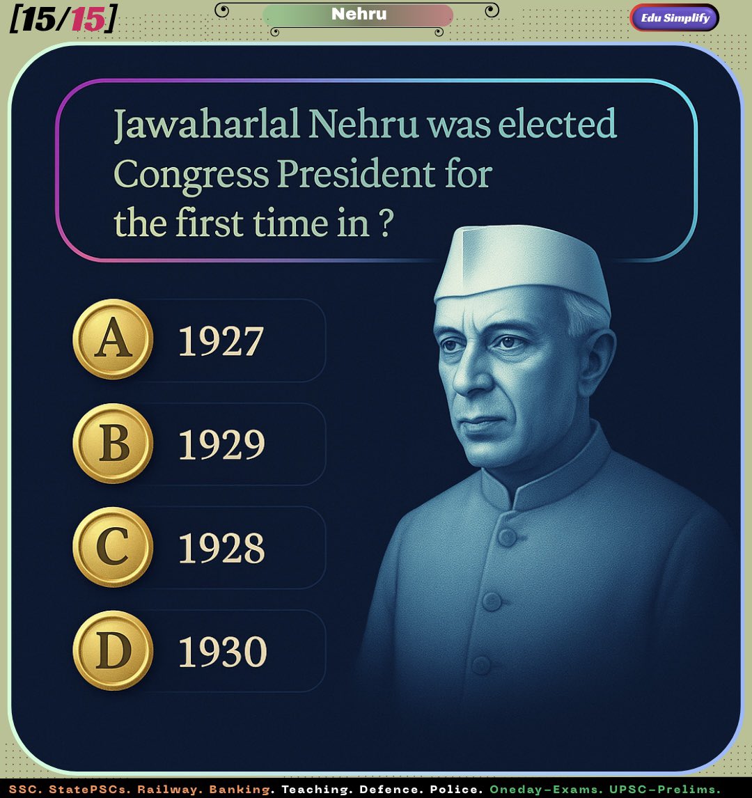 edusimplify's tweet image. 📚 Most Relevant MCQs on Jawaharlal Nehru for Competitive Exams 💡 #UPSC #UPSCPrelims2026 #UPSCPreparation #UPSCPYQ #SSC #WBCS #CurrentAffairs #EduSimplify (Aspirants, show us some support 💪)