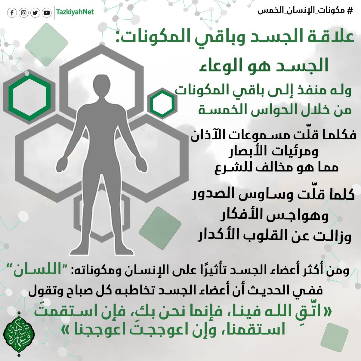 جسدك… هو الوعاء الذي تعبر منه كل مكوّناتك؛ فكلما صفَت الحواس، صفَا القلب، وسكنت النفس، واعتدل مسار الإنسان.
خفِّف ما يدخل أذنيك وتراه عينيك، نقِّ أفكارك وخواطرك، وامنح قلبك مساحةً للسكينة والطمأنينة.
واعلم أن اللسان هو أكثر الأعضاء تأثيرًا على باقي مكونات الجسد.
#مكونات_الإنسان