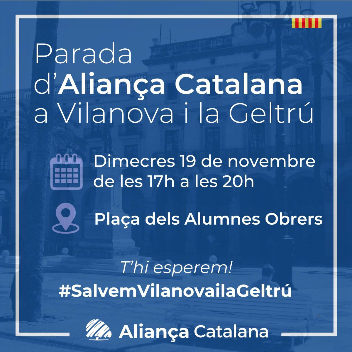 📣 Aquest dimecres som a Vilanova i la Geltrú!

Vine a la parada de <a href="/Garraf_AC/">Aliança Catalana Garraf</a> a la Plaça dels Alumnes Obrers, de 17h a 20h.
Per parlar, escoltar i recuperar el sentit comú per la nostra ciutat i el nostre territori.

T’hi esperem!
#SalvemVilanovailaGeltrú #SalvemElGarraf 💙