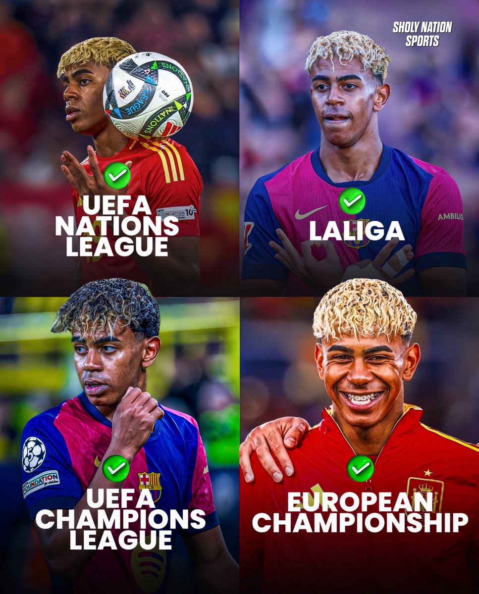 Sholynationsp's tweet photo. 🇪🇸 Lamine Yamal won Goal of the Tournament in the 2024/25 season in:

☑️ European Championship
☑️ Champions League
☑️ LaLiga
☑️ UEFA Nations League

Bangers only! 🔥 https://t.co/0YCh2CENl5