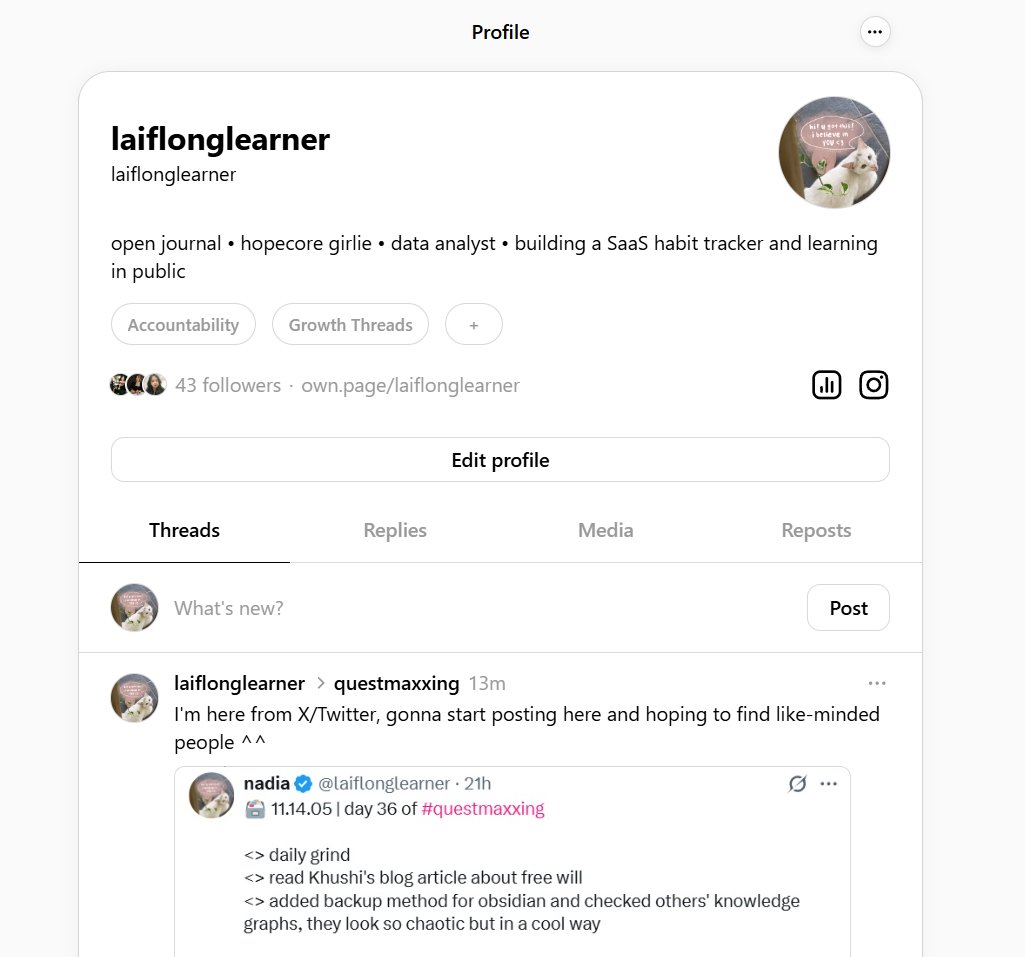 laiflonglearner's tweet image. now i&apos;m also on Threads! 🧵 threads.com/@laiflonglearn…

i keep hearing people say it&apos;s much &apos;better&apos; there (no monetization hence less chasing virality, more high quality posts and intentional interactions), i&apos;ll update how it goes!
