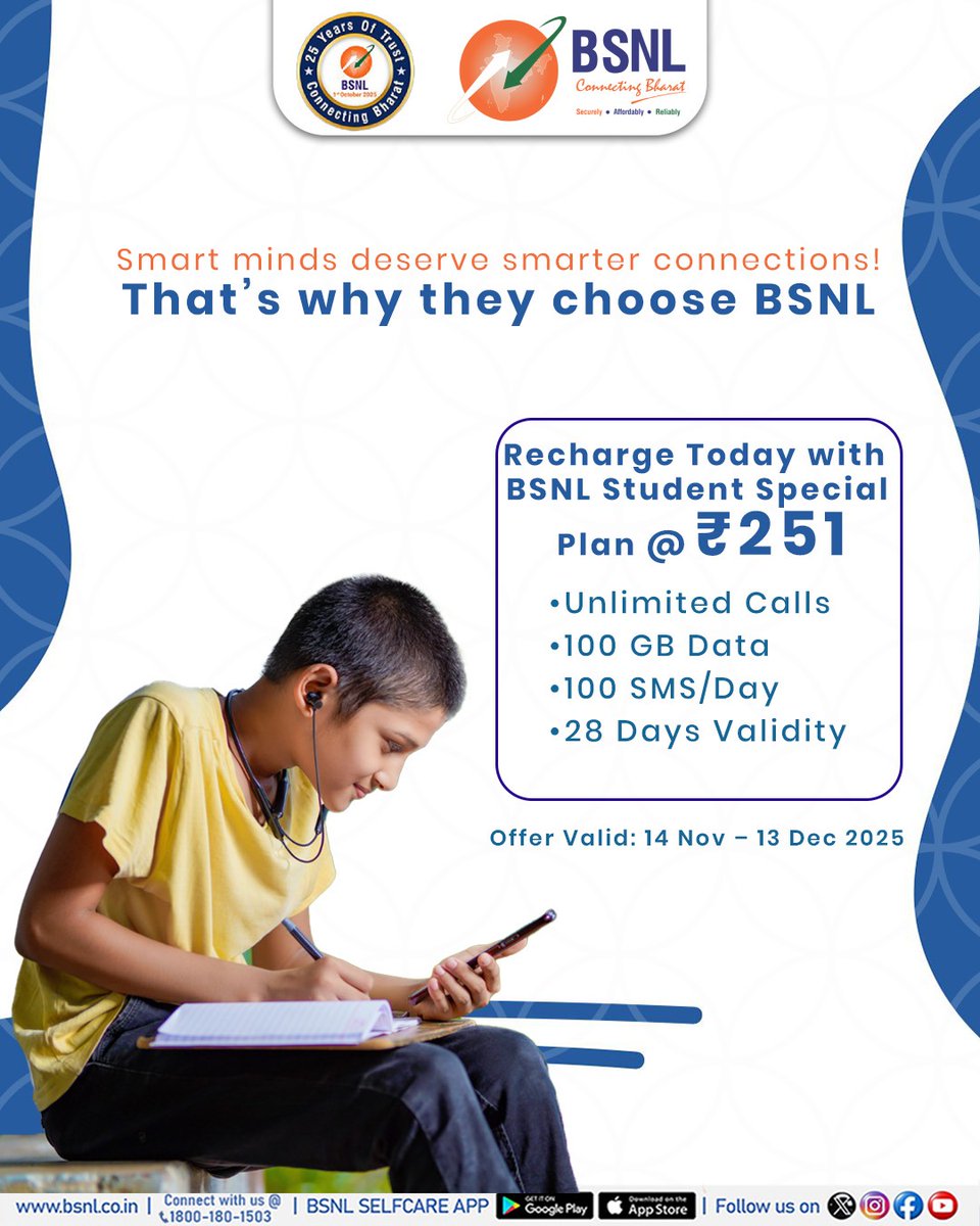 BSNLCorporate's tweet image. Boost your learning journey with #BSNL!

Get BSNL’s Student Special Plan @ ₹251 with Unlimited Calls, 100GB Data &amp;amp; 100 SMS/Day. Offer valid till 13 Dec, 2025. 

 #BSNLLearnersPlan #ConnectingBharat