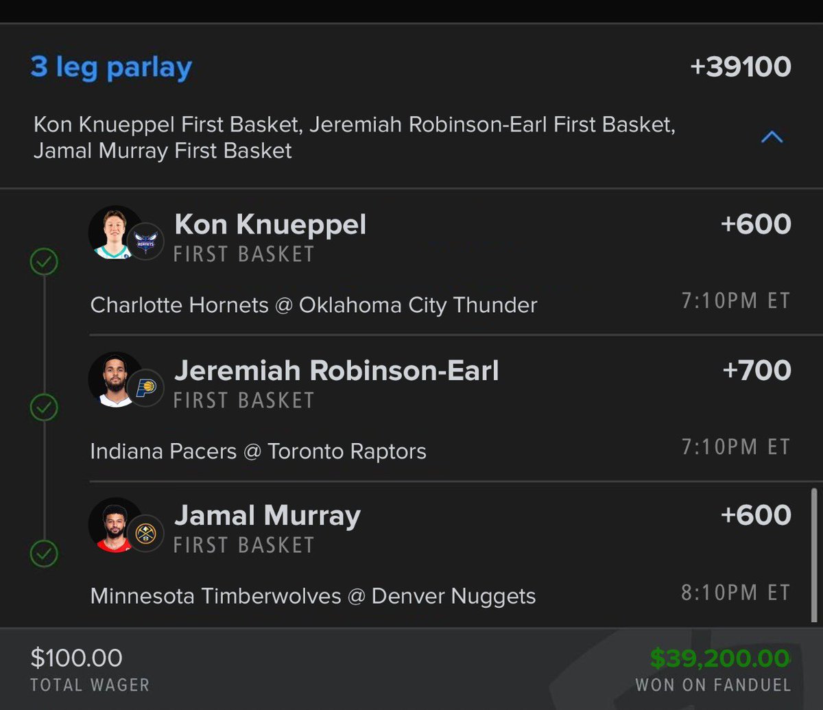 platinumtips__'s tweet image. I was just playing around, Why did FanDuel let this HIT?? 😂💵💵💵

3 first baskets on a random Sunday??? Yeah… FanDuel gotta run me a check 😭💵

Am giving $2000 to Everyone that Likes + RT and Comments❤️
