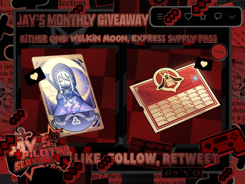 baiewandis's tweet image. –∘₊✧─ first of jay&apos;s monthly giveaway !  

one (1) winner of welkin moon/express pass. 

– follow me! 
– like and rt this post. 

+1 entry if you follow my tiktok and fb account on my carrd! ₍^ &amp;gt;⩊&amp;lt; ^₎Ⳋ

reply with proofs, ends in nov 30. 

thank you, and good luck!