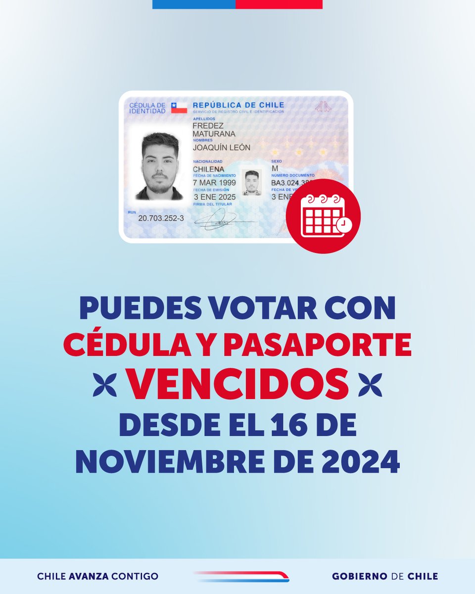 RegCivil_Chile's tweet photo. Buen día, en estas Elecciones 2025 recordamos con qué documentos puedes votar este domingo 16 de noviembre:
✅Cédula de identidad  
✅Pasaporte.
✅Ambos documentos deben estar vigentes o vencidos hasta un año, es decir, desde el 16 de noviembre de 2024. https://t.co/rbRL0spypW