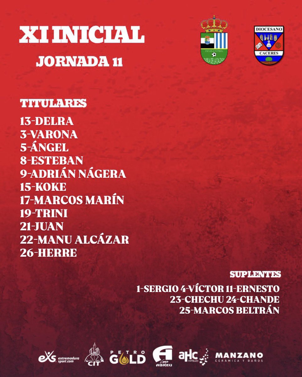 𝗔𝗟𝗜𝗡𝗘𝗔𝗖𝗜𝗢́𝗡 | Nuestro 𝐗𝐈 𝐈𝐍𝐈𝐂𝐈𝐀𝐋 para el partido de hoy frente al <a href="/PueblaEF/">E.F. Puebla de la Calzada</a> 

#PueblaDiocesano