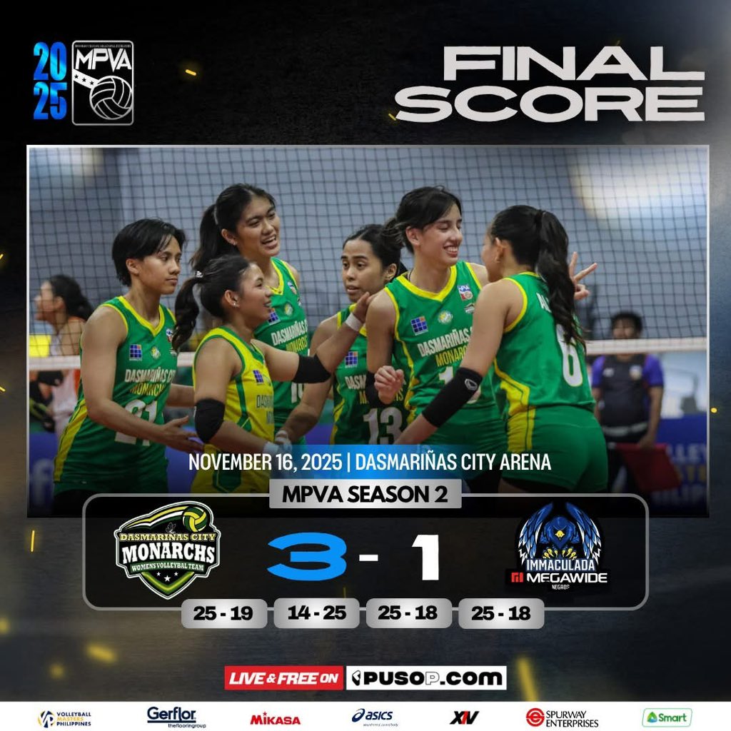 OfficialMPVA's tweet photo. The Dasmariรฑas City Monarchs remain undefeated after winning against the Negros ICC Blue Hawks in four sets, 25-19, 14-25, 25-18, 25-18, at Dasmariรฑas City Arena.
Watch the games live at https://t.co/rcOzssY7hH for free!
#MPVA2025 #AngLigaParaSaLahat #MPVASeason2 https://t.co/oSCvdOgKzH