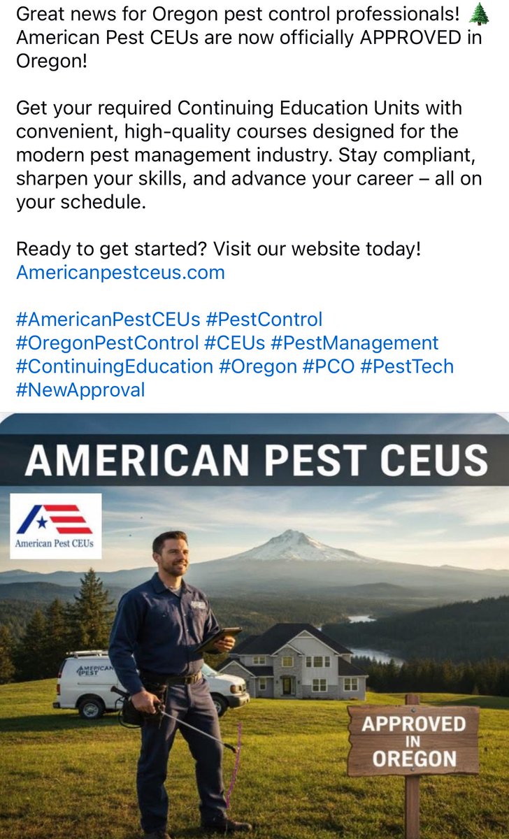 PestCeus's tweet photo. American Pest CEUs now approved in Oregon.  https://t.co/Ke41gmurnV https://t.co/WIBjGzqr24