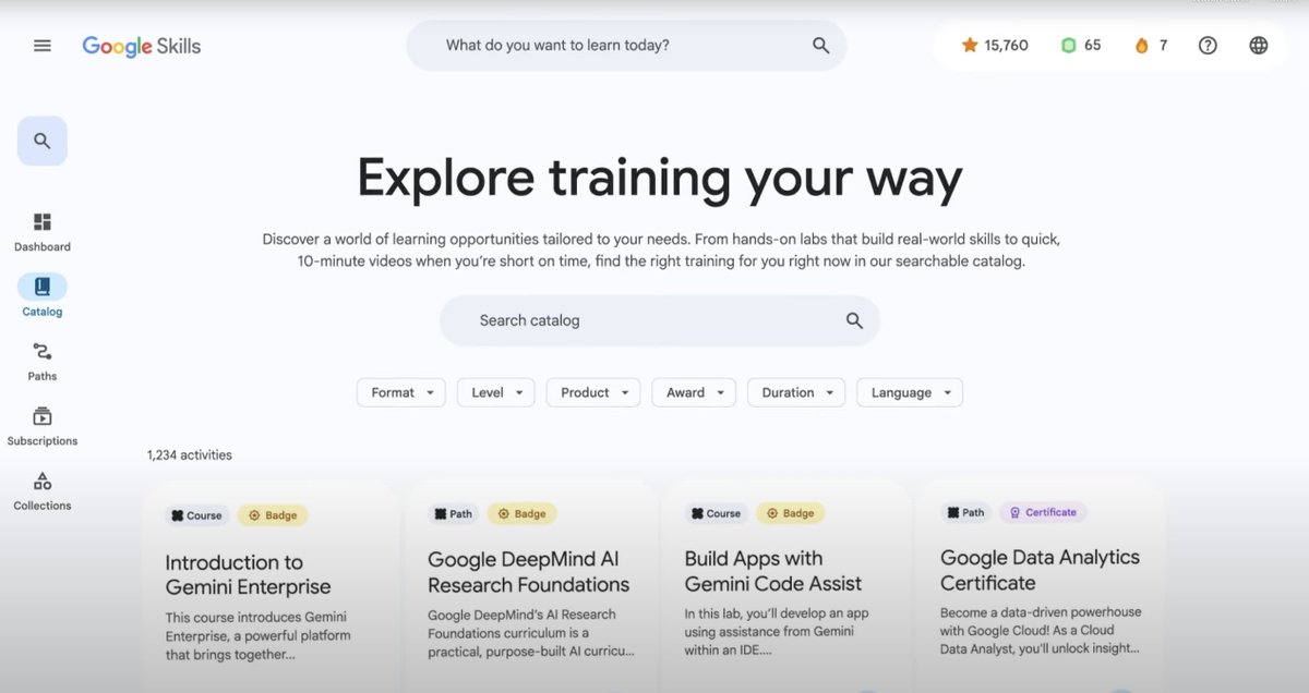 CodeByPoonam's tweet image. Google just launched Google Skills, a new platform for AI learning and more

- 3,000+ course from Google Cloud, Google DeepMind &amp;amp; Google for Edu.
- Free 150 learning credits
- Gemini Code Assist in labs
- GEAR program to train 1M AI agent developers
- A partnership with the…