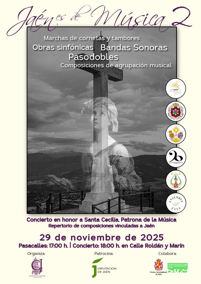 🎺🥁𝕁𝔸𝔼́ℕ 𝔼𝕊 𝔻𝔼 𝕄𝕌́𝕊𝕀ℂ𝔸 2🟣🎶

Con el patrocinio de Diputación Provincial de Jaén, el próximo 𝟮𝟵 𝗱𝗲 𝗻𝗼𝘃𝗶𝗲𝗺𝗯𝗿𝗲 tendrá lugar un Concierto en honor a 𝗦𝗔𝗡𝗧𝗔 𝗖𝗘𝗖𝗜𝗟𝗜𝗔, Patrona de la Música.

#Jaén #ConsejoBandasCJ