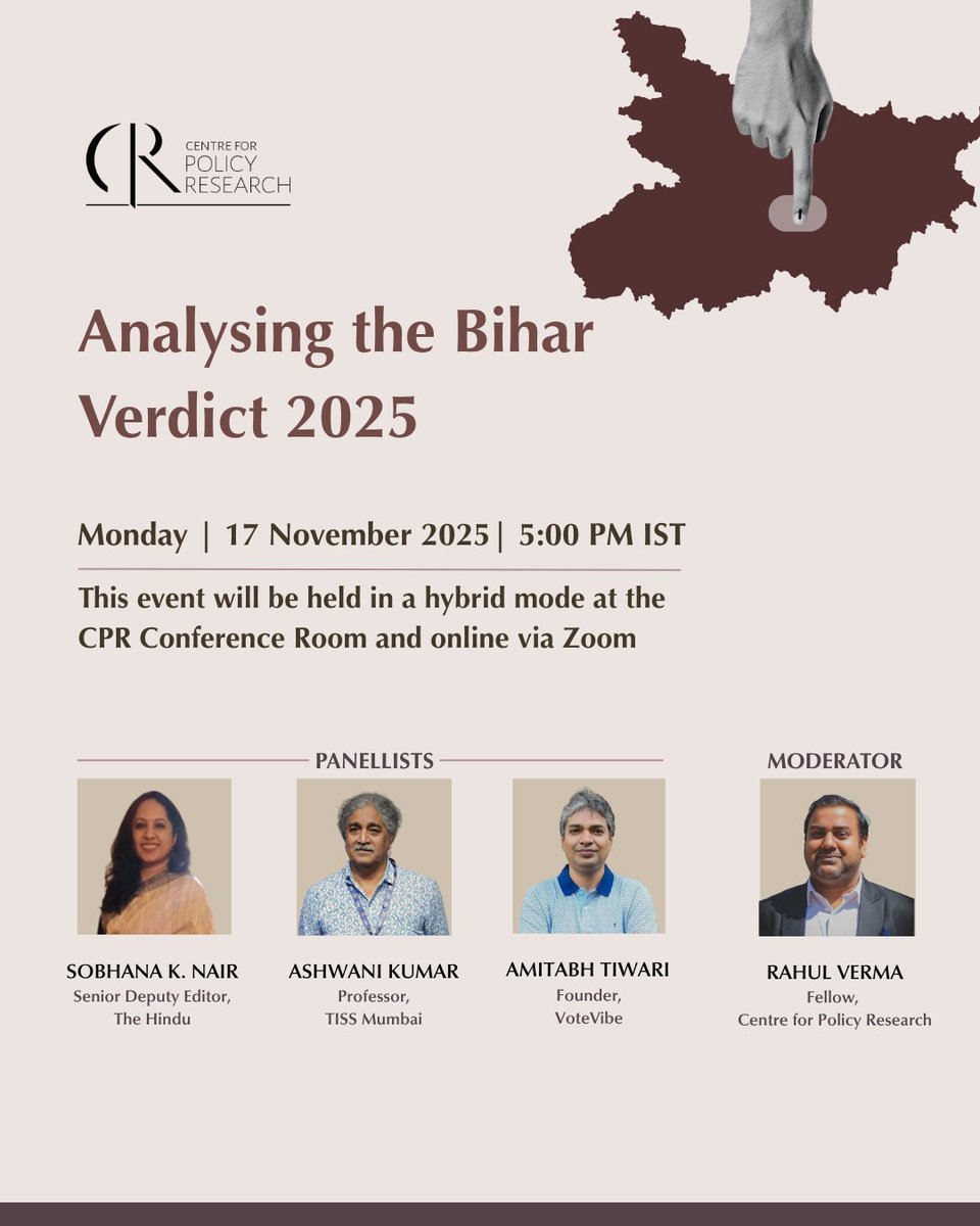 Bihar 2025 results have surprised everyone

please join us <a href="/CPR_India/">Centre for Policy Research</a> conf. hall on Monday, 17 Nov 5:00 pm IST with <a href="/SobhanaNair/">Sobhana K Nair</a> <a href="/Ashwanitiss/">Ashwani Kumar</a> <a href="/politicalbaaba/">Amitabh Tiwari</a> to understand the factors that shaped the historic verdict

Register for in-person &amp; Zoom: cprindia.org/events/analysi…