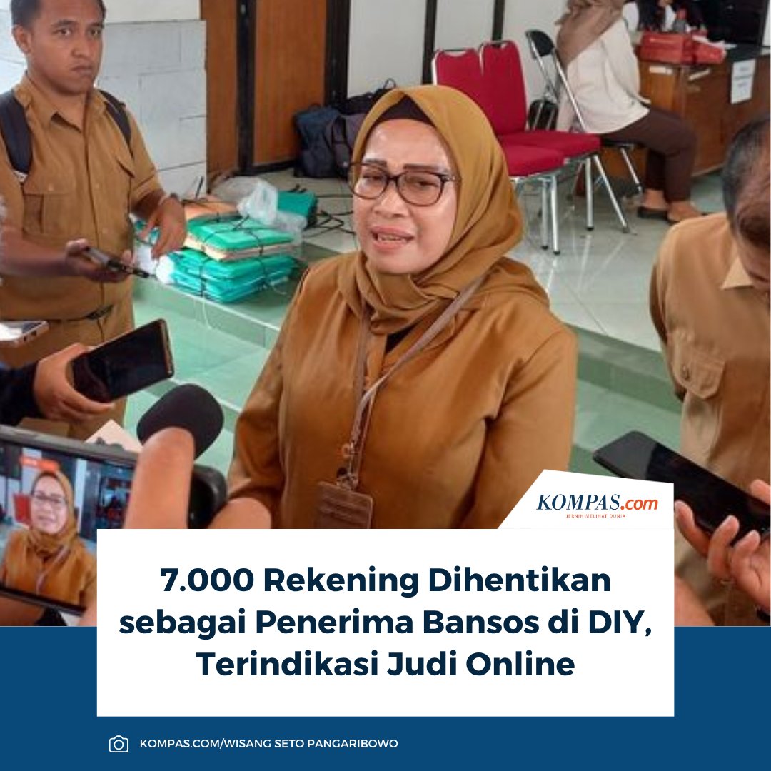 kompascom's tweet image. Dinas Sosial Daerah Istimewa Yogyakarta (DIY) mengambil langkah tegas dengan menghentikan sekitar 7.000 rekening penerima bantuan sosial yang terindikasi terlibat dalam judi online.

👉🏻Baca selengkapnya yogyakarta.kompas.com/read/2025/11/1…

~AM #Bansos #Yogyakarta #JudiOnline