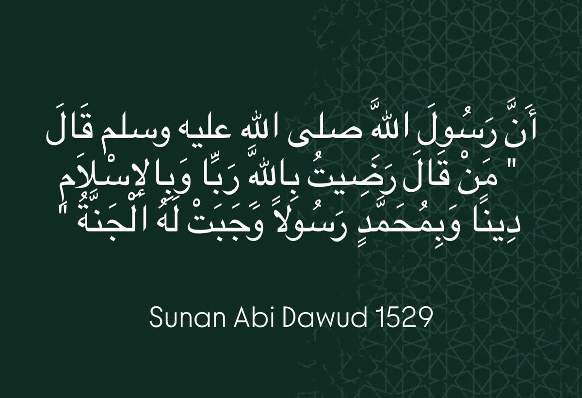 Hazreti Peygamber ﷺ şöyle buyurdular: "Kim Rab olarak Allah’ı, din olarak İslam’ı Resûl olarak Hazreti Muhammed’i seçtim (ve razı oldum) derse cennet ona vacib olur"
-Ebu Davud, 1529.
