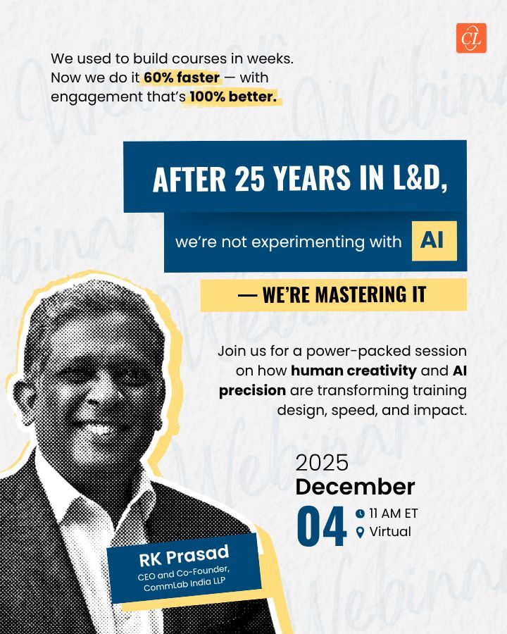 commlabindia's tweet image. Register today — because the next era of L&amp;amp;D doesn’t wait: commlabindia.com/resources/webi… 

#aiinlnd #elearning #trainingdesign #artificialintelligence #futureoflearning #webinar
