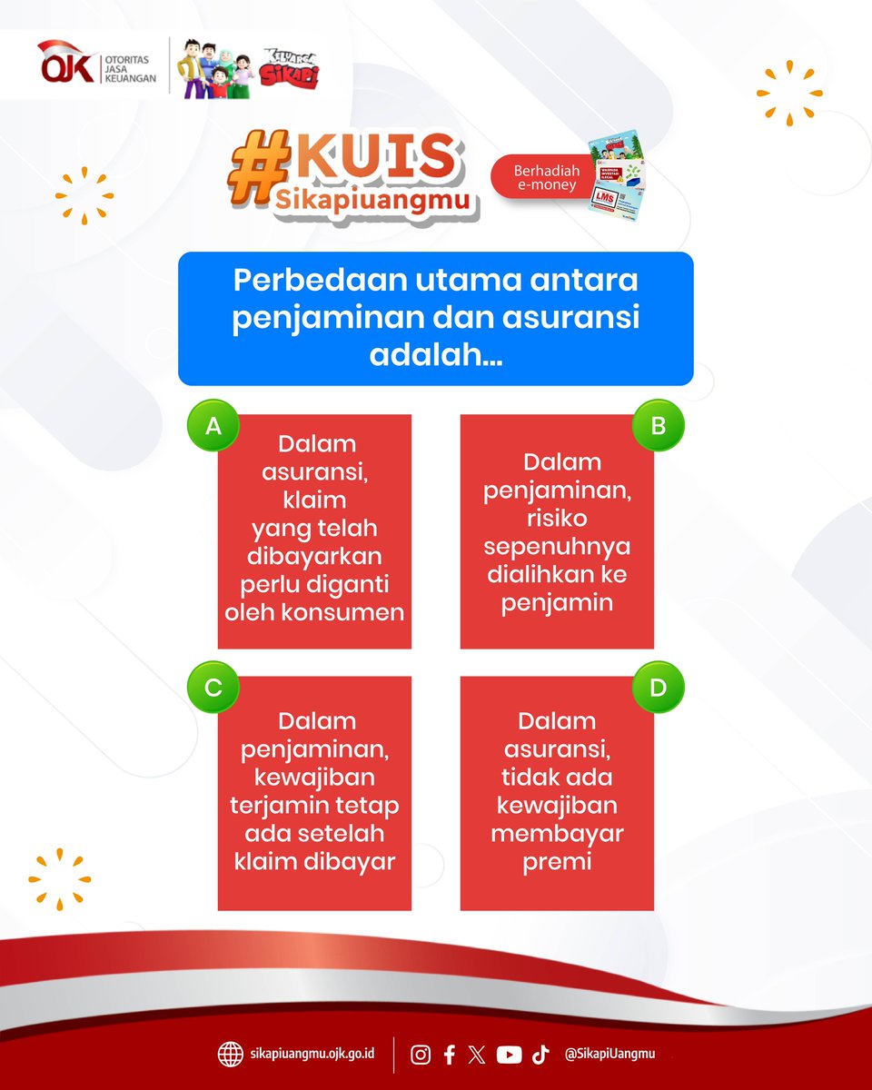 sikapiuangmu's tweet image. Sobat, simak baik-baik yuk konten @sikapiuangmu pekan ini tentang Lembaga Penjaminan. Setelah itu, pasti kamu bisa jawab pertanyaan di atas. 😉

Tulis jawaban di kolom komentar dan mention 3 teman untuk memenangkan kartu e-money Rp100.000!

#KuisSikapiUangmu #Kuis #Giveaway