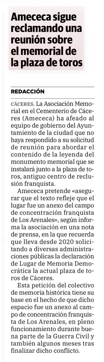 Seguimos reclamando al <a href="/Ayto_Caceres/">Ayuntamiento Cáceres</a>  una reunión para definir el texto del memorial en la plaza de toros, antiguo centro de reclusión franquista. Exigimos que se reconozca su vínculo con el campo de concentración de Los Arenales.

#MemoriaHistórica #Cáceres #AMECECA