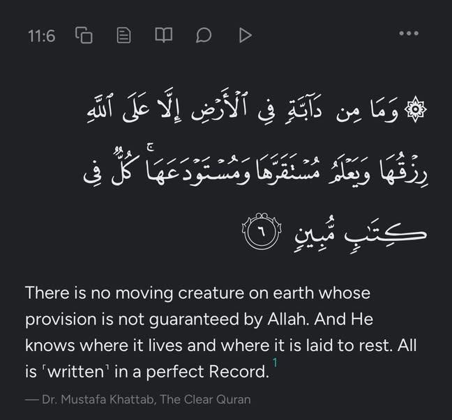 Ibn_aaminu's tweet image. This verse made me pause for a moment, take a deep breath, and smile. How can I worry about my sustenance when Allah has assured us? Allah said, “Your provision is guaranteed; it will reach you.” Even if it is in the depths of the ocean, it will find its way to you.