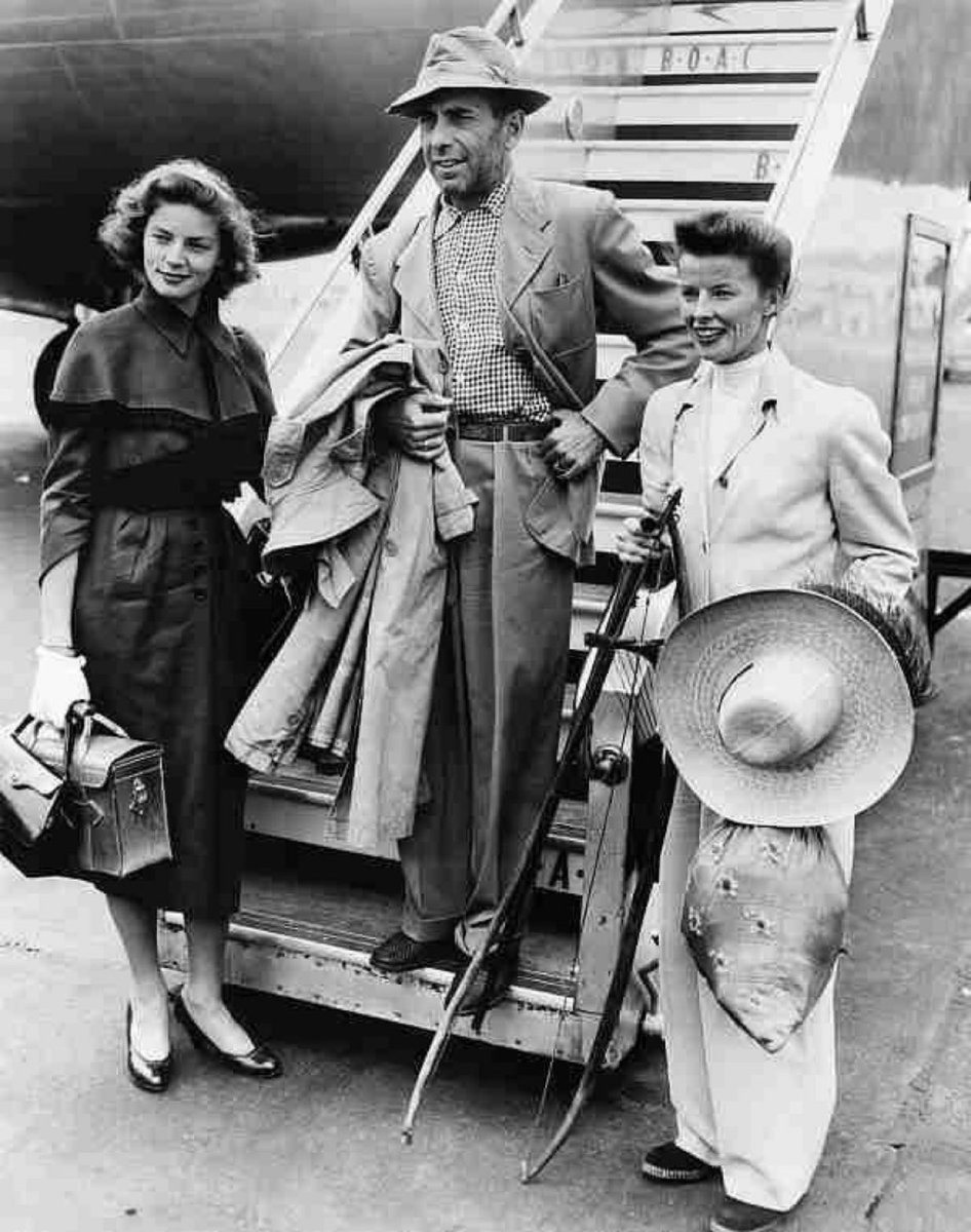 Lauren Bacall, Humphrey Bogart and Katharine Hepburn arrive in Africa to begin filming 

THE AFRICAN QUEEN (1951)
