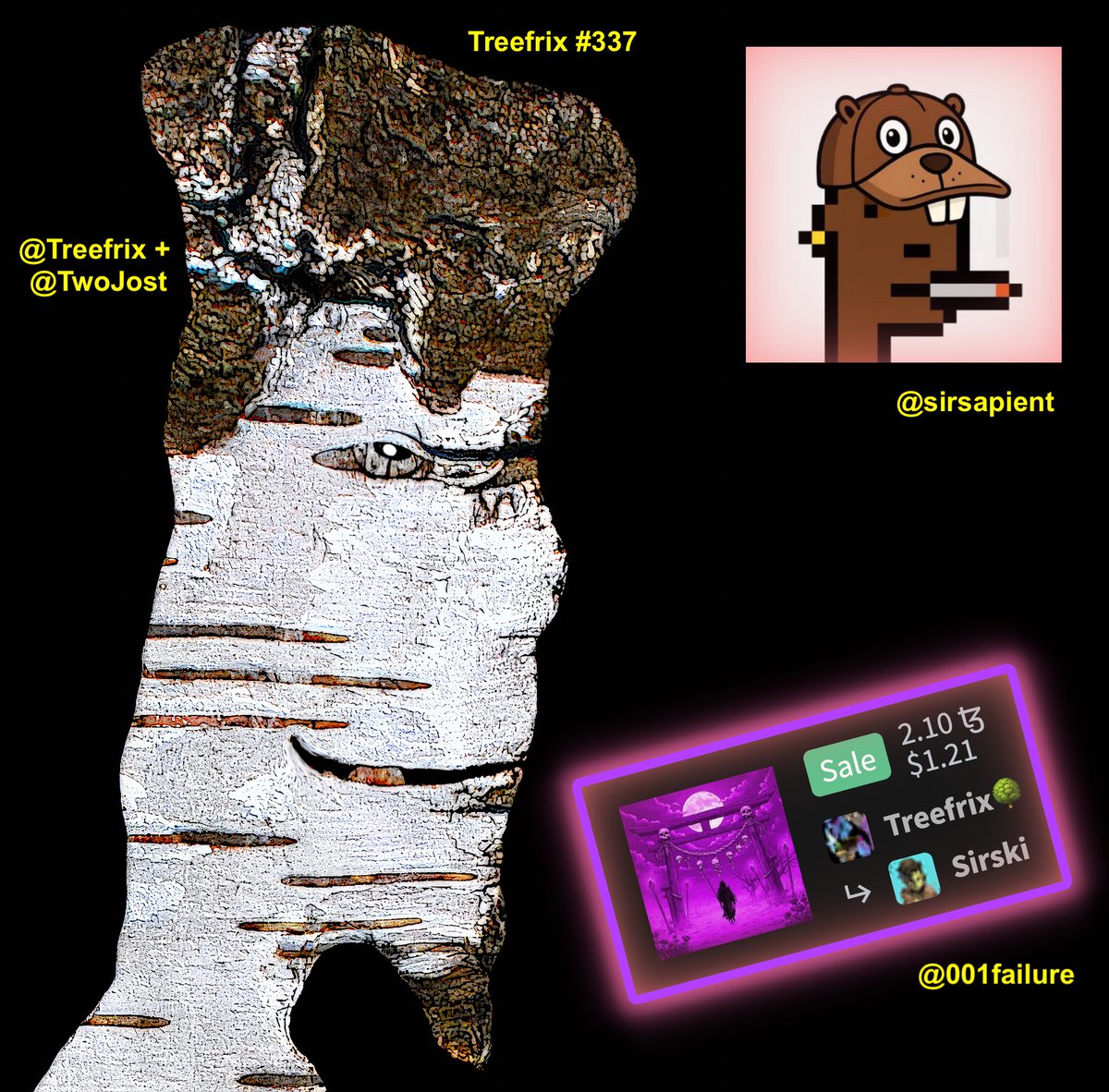 Treefrix's tweet image. Flipping - Buying - Selling #NFTs 🥳
Having tons of fun with Treefrix #337 🤹‍♂️
(collab with @TwoJost 🫂)
objkt.com/tokens/KT1KdZo…

&apos;Beyond Me&apos; by @001failure
was reSOLD to @sirsapient👍

Congrats to all of us🤩

Treefrix - connecting #creative people 💚💯

#nftsales #nftcollectors