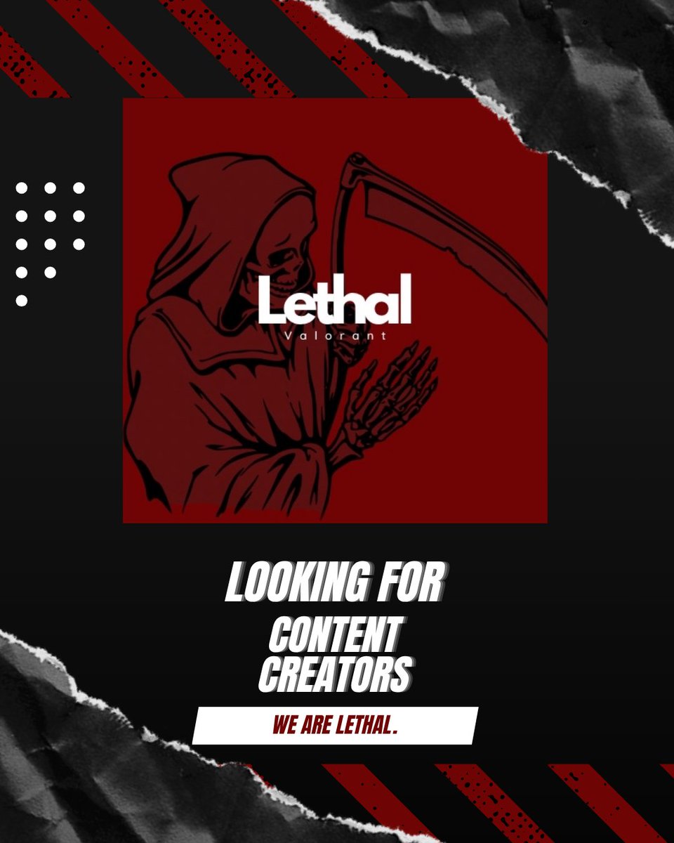 📣 WE'RE RECRUITING CONTENT CREATORS! 🎥✨
 Team: Lethal Esports
Are you passionate about Valorant, love creating engaging content, and want to be part of a growing esports organization? We’re looking for dedicated Content Creators to join our team!

What We’re Looking For:
🎮