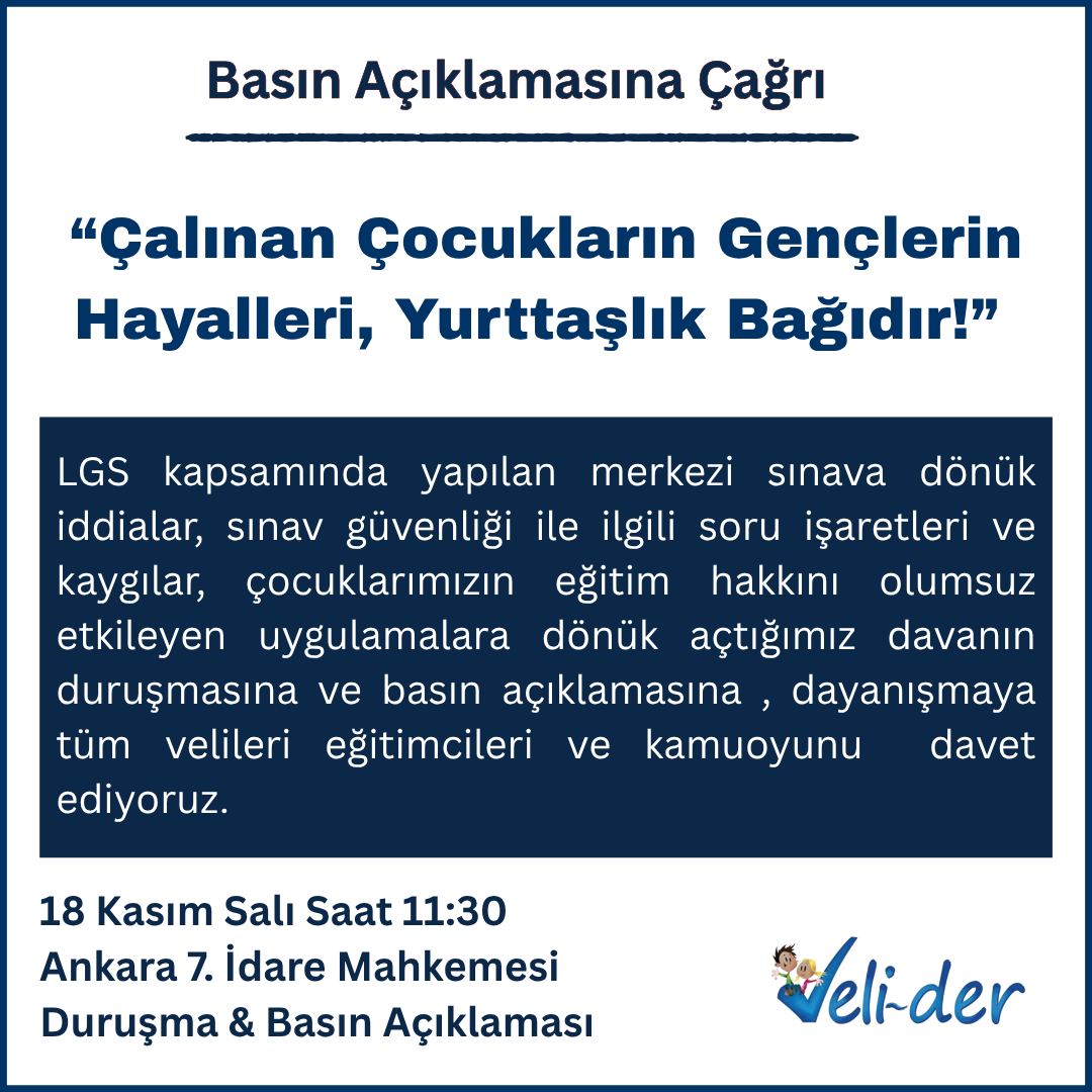 LGS’deki sınav güvenliğine dair soru işaretleri ve eğitim hakkını olumsuz etkileyen uygulamalar nedeniyle açtığımız dava ve duruşma sonrası basın açıklamamıza davet ediyoruz.  

18 Kasım 10.30’da Ankara 7. İdare Mahkemesi

#Velider #EğitimHaktır #AdilSınav #LGS2025 #ÇocukHakları
