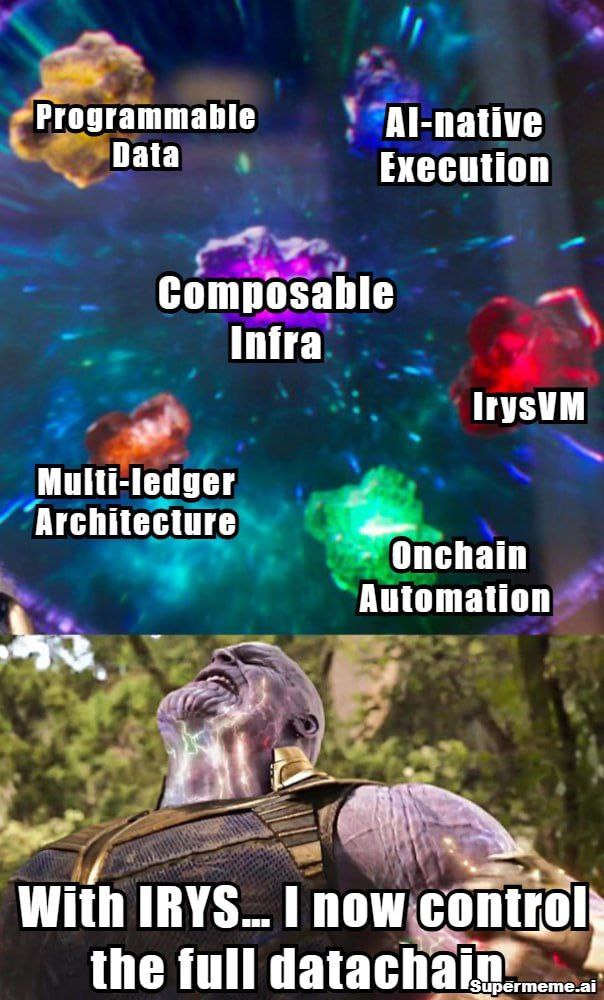 pbinder010's tweet photo. Programmable Data – the Reality Stone (because it changes everything)

AI-native Execution – the Mind Stone
IrysVM – the Power Stone
Onchain Automation – the Time Stone (IRL cron jobs but eternal)
Multi-ledger Architecture – the Space Stone (bridge anywhere) https://t.co/rbJgke1dPe