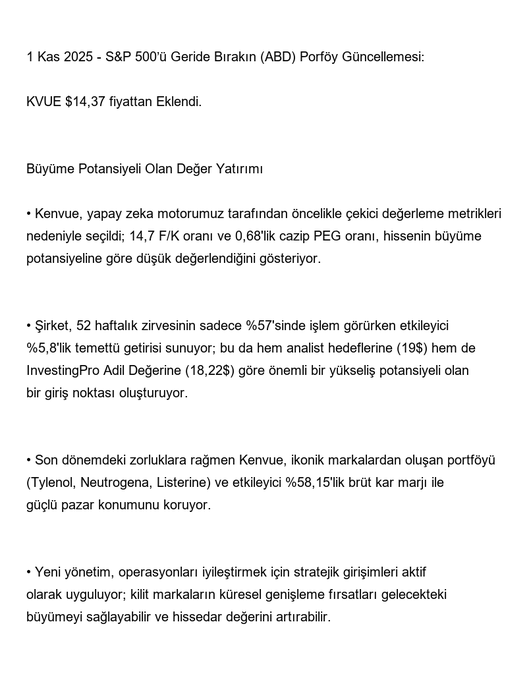 SandraBadillo20's tweet photo. 1 Kas 2025 S&amp;P 500’ü Geride Bırakın (ABD) Portföy Güncellemesi: 

📌 #KVUE - Kenvue 
💰 Fiyat: $14,37 
🟢 İşlem: Eklendi
📈 Büyüme Potansiyeli Olan Değer Yatırımı

Daha fazlasını telegramdan takip etmek için: https://t.co/SMAhbfaw7T https://t.co/y9xDsZlk2o