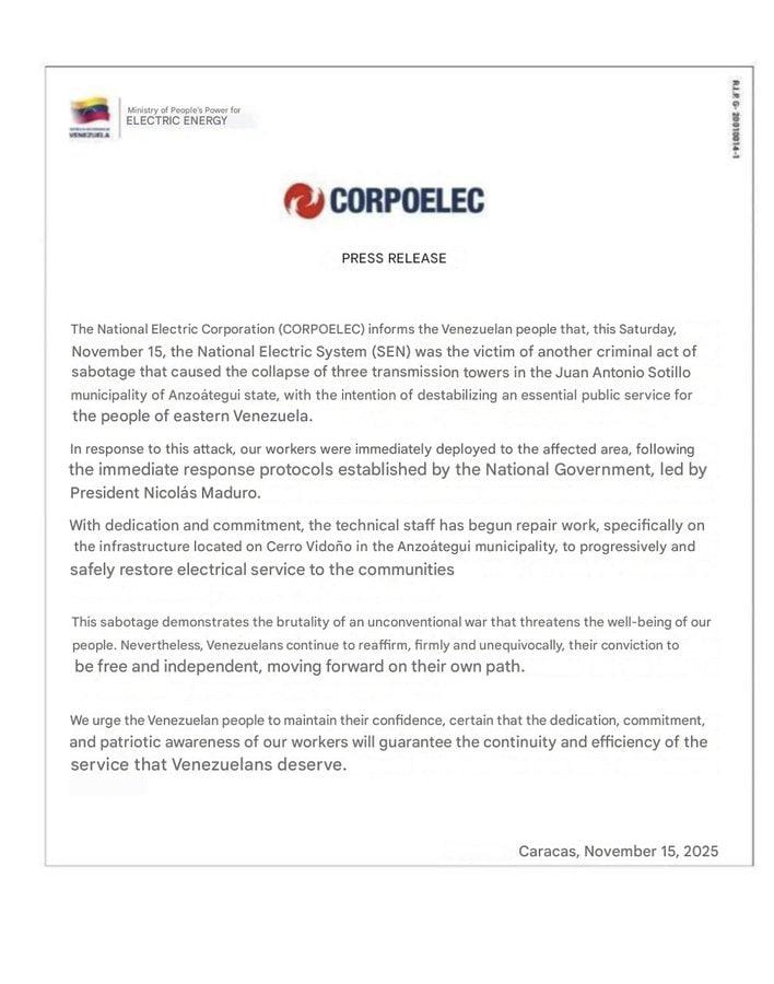 🇻🇪 "Criminal Sabotage": Venezuela’s Power Grid "Under Attack" with Three Major Transmission Towers Targeted - CORPOELEC

“This sabotage demonstrates the brutality of an unconventional war that threatens the well-being of our people,” Venezuela’s state utility CORPOELEC posted in