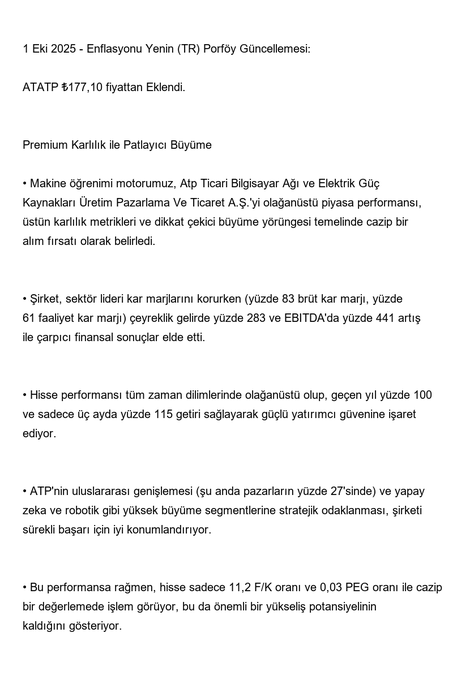SandraBadillo20's tweet photo. 1 Eki 2025 Enflasyonu Yenin (TR) Portföy Güncellemesi: 

📌 #ATATP - Atp Ticari Bilgisayar Ağı ve Elektrik 
💰 Fiyat: ₺177,10 
🟢 İşlem: Eklendi
📈 Premium Karlılık ile Patlayıcı Büyüme

Daha fazlasını telegramdan takip etmek için: https://t.co/SMAhbfaw7T https://t.co/Pn4CpSTEvM