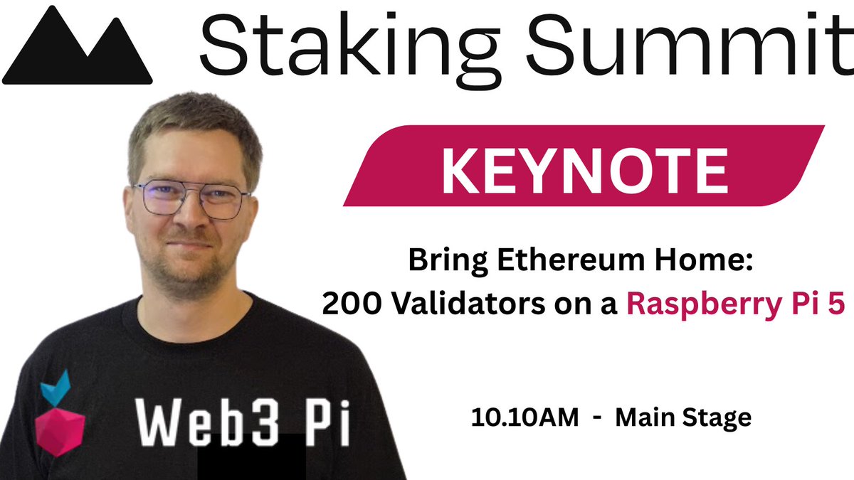 golemproject's tweet image. &apos;Bring Ethereum Home: 200 Validators on a Raspberry Pi 5&apos; 

- is the subject and @_Web3Pi_ is the messenger at @StakingSummit this morning.

Listen to @RMordzon and talk to the team at their booth all day.