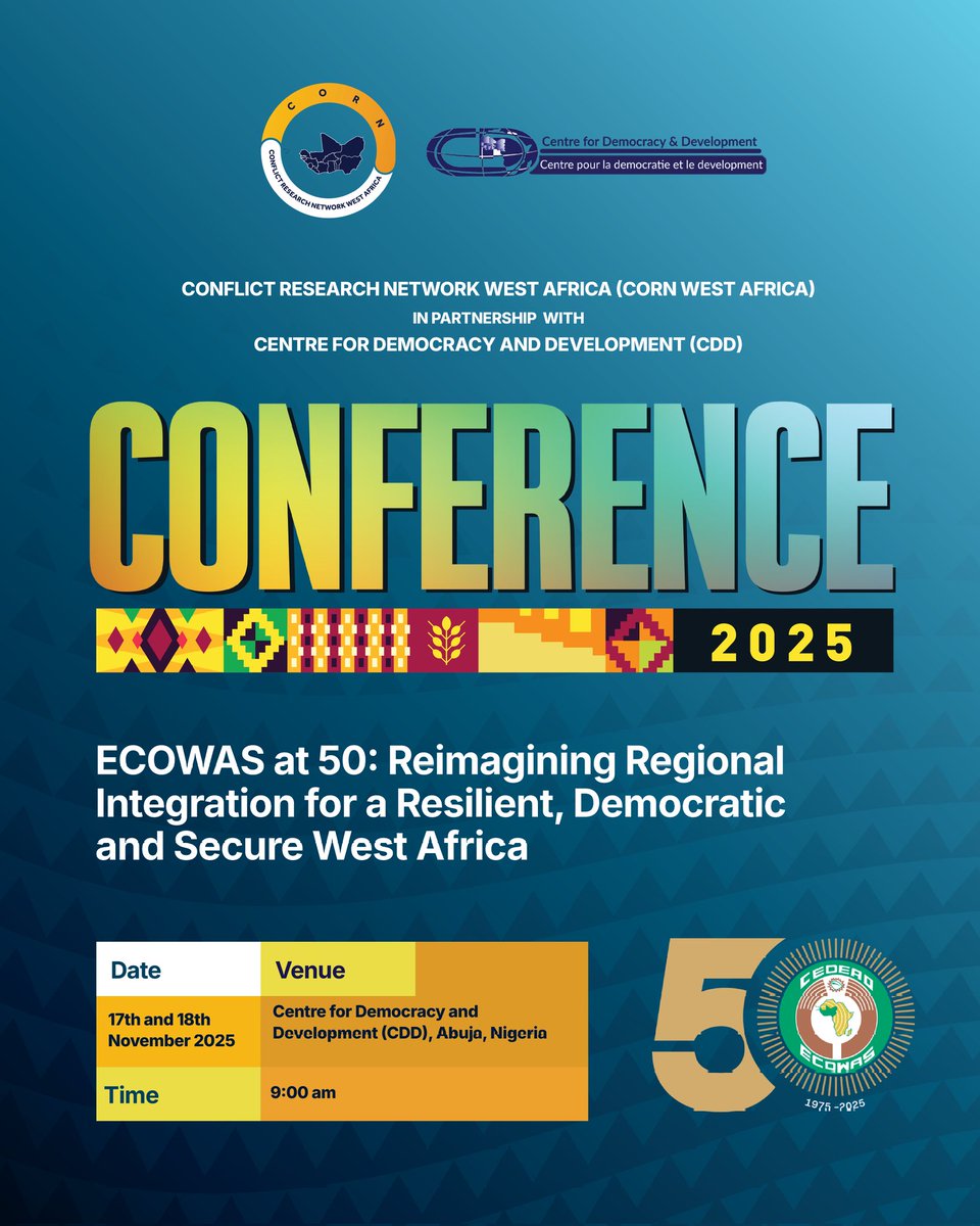 CORN_WestAfrica's tweet photo. The 2nd International Conference of Conflict CORN West Africa kicks off tomorrow. CORN continues to lead as the independent platform for advancing academic research on peace, conflict, and security in West Africa. Stay tuned for updates! https://t.co/qdncB4hWQP