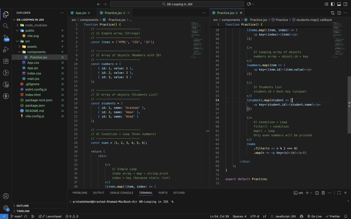 ArashadAhamad10's tweet image. Day 155 of #200DaysOfCode
Learning #ReactJS
JSX Looping:
✅ map() as loop
✅ Array rendering
✅ Object loop rule
✅ filter + map
✅ Keys (Correct vs Wrong)
✅ Index vs ID

JSON Practice:
✅ Importing JSON file
✅ Rendering JSON data using map()
#Frontend #WebDev #JavaScript